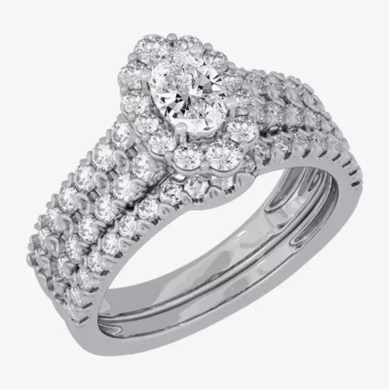 H-I / Si1-Si2) Womens CT. T.W. Lab Grown White Diamond 10K Gold Oval Side Stone Halo Bridal Set