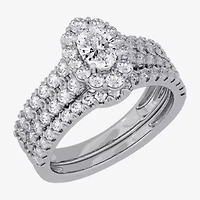 H-I / Si1-Si2) Womens CT. T.W. Lab Grown White Diamond 10K Gold Oval Side Stone Halo Bridal Set