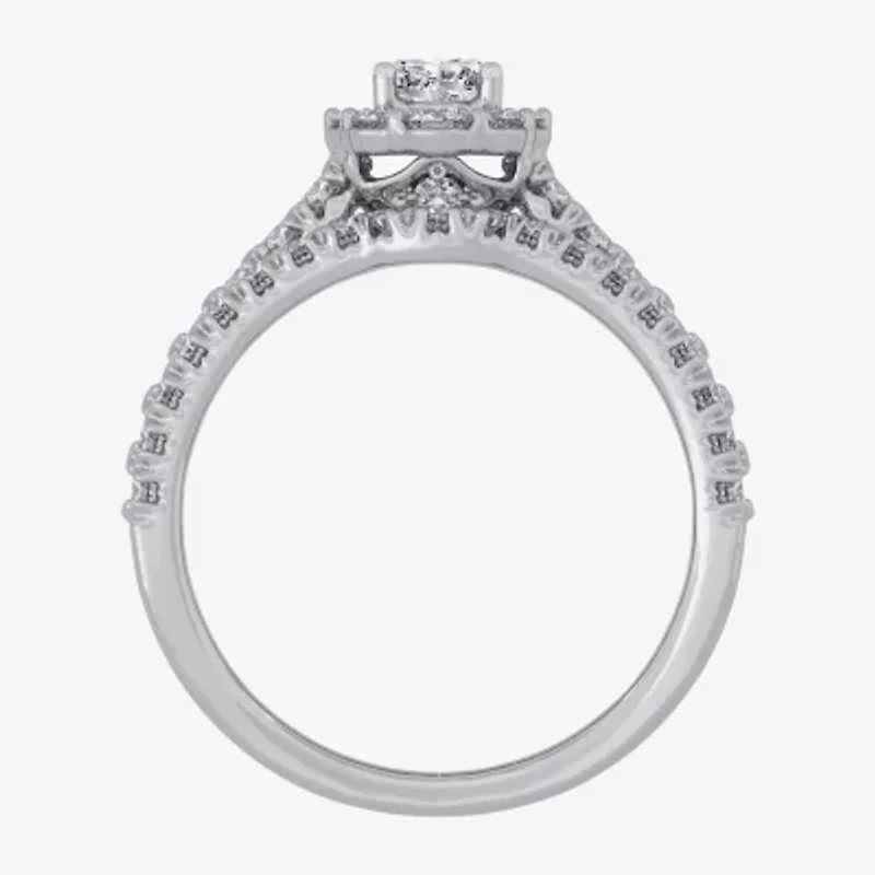 H-I / Si1-Si2) Womens CT. T.W. Lab Grown White Diamond 10K Gold Oval Side Stone Halo Bridal Set