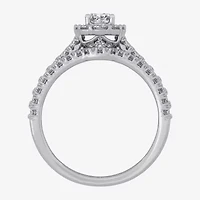 H-I / Si1-Si2) Womens CT. T.W. Lab Grown White Diamond 10K Gold Oval Side Stone Halo Bridal Set