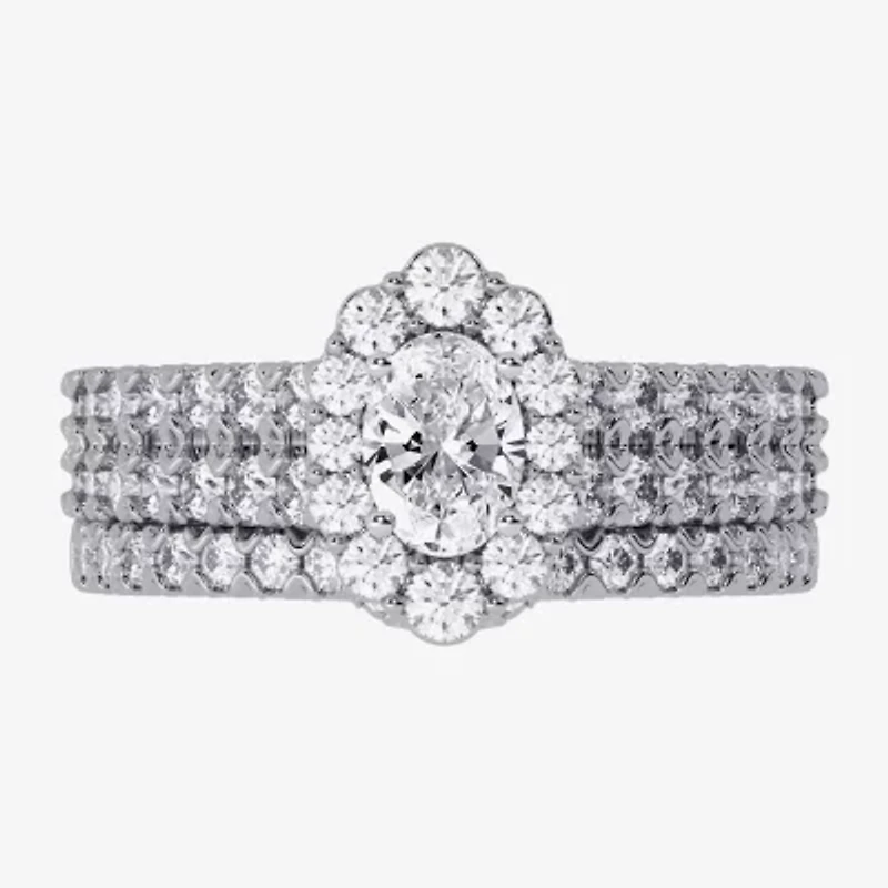 H-I / Si1-Si2) Womens CT. T.W. Lab Grown White Diamond 10K Gold Oval Side Stone Halo Bridal Set