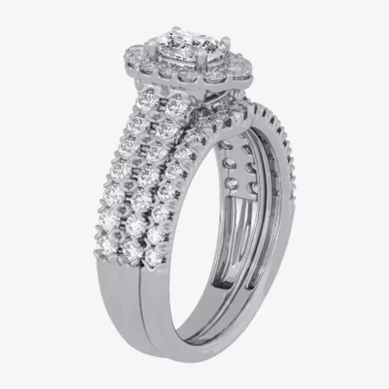 H-I / Si1-Si2) Womens CT. T.W. Lab Grown White Diamond 10K Gold Oval Side Stone Halo Bridal Set