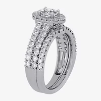 H-I / Si1-Si2) Womens CT. T.W. Lab Grown White Diamond 10K Gold Oval Side Stone Halo Bridal Set