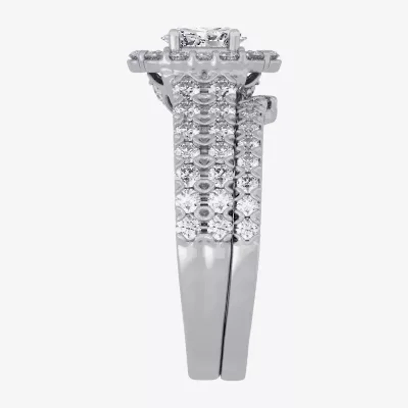H-I / Si1-Si2) Womens CT. T.W. Lab Grown White Diamond 10K Gold Oval Side Stone Halo Bridal Set