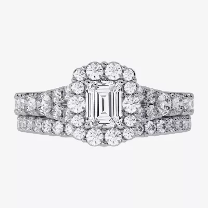 Signature By Modern Bride (H-I / Si1-Si2) Womens 1 1/2 CT. T.W. Lab Grown White Diamond 10K Gold Side Stone Halo Bridal Set