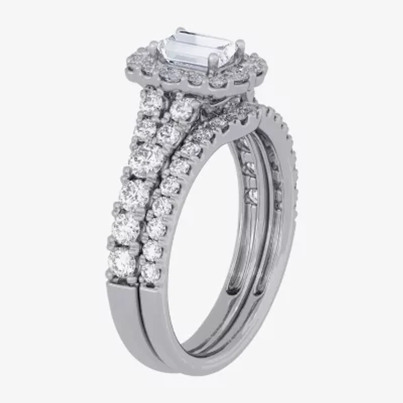 Signature By Modern Bride (H-I / Si1-Si2) Womens 1 1/2 CT. T.W. Lab Grown White Diamond 10K Gold Side Stone Halo Bridal Set