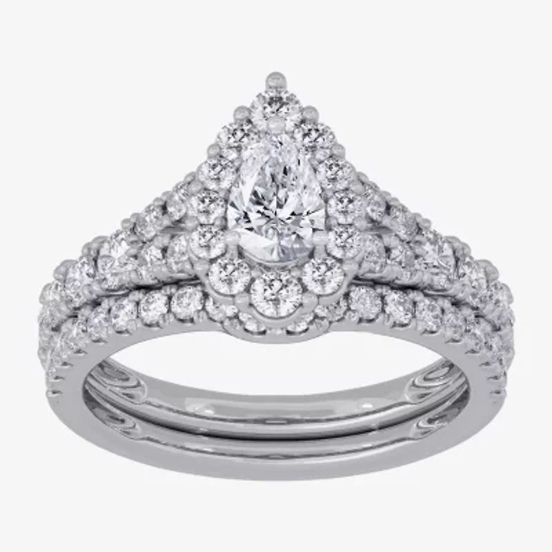 H-I / Si1-Si2) Womens / CT. T.W. Lab Grown White Diamond 10K Gold Pear Side Stone Halo Bridal Set