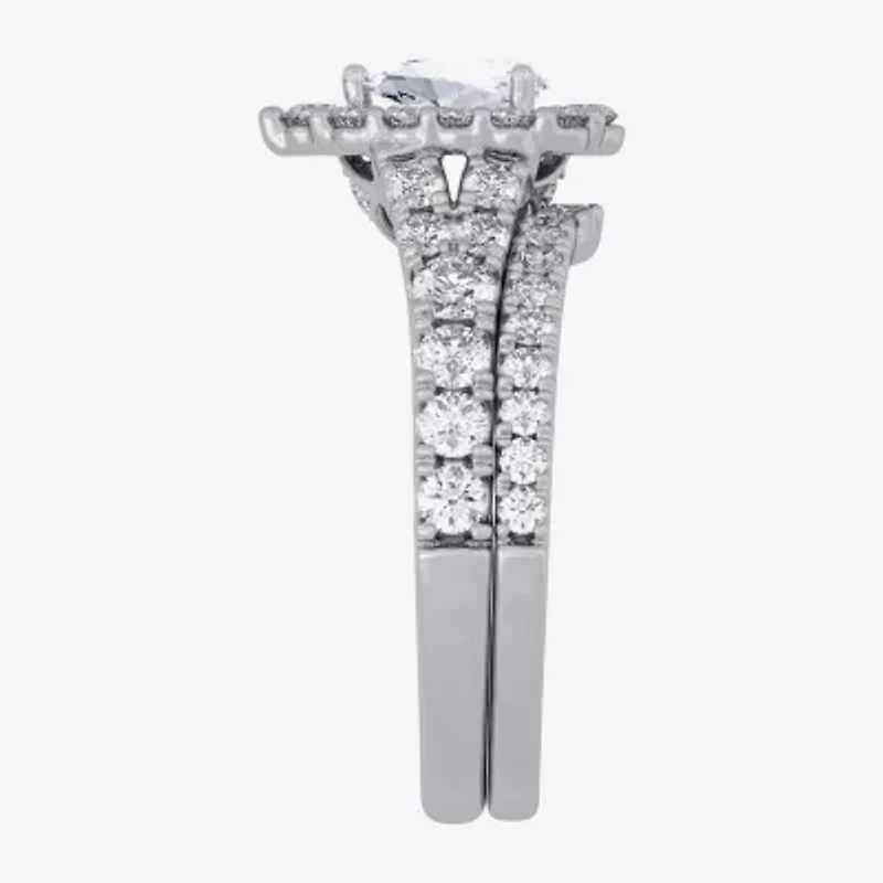 H-I / Si1-Si2) Womens / CT. T.W. Lab Grown White Diamond 10K Gold Pear Side Stone Halo Bridal Set