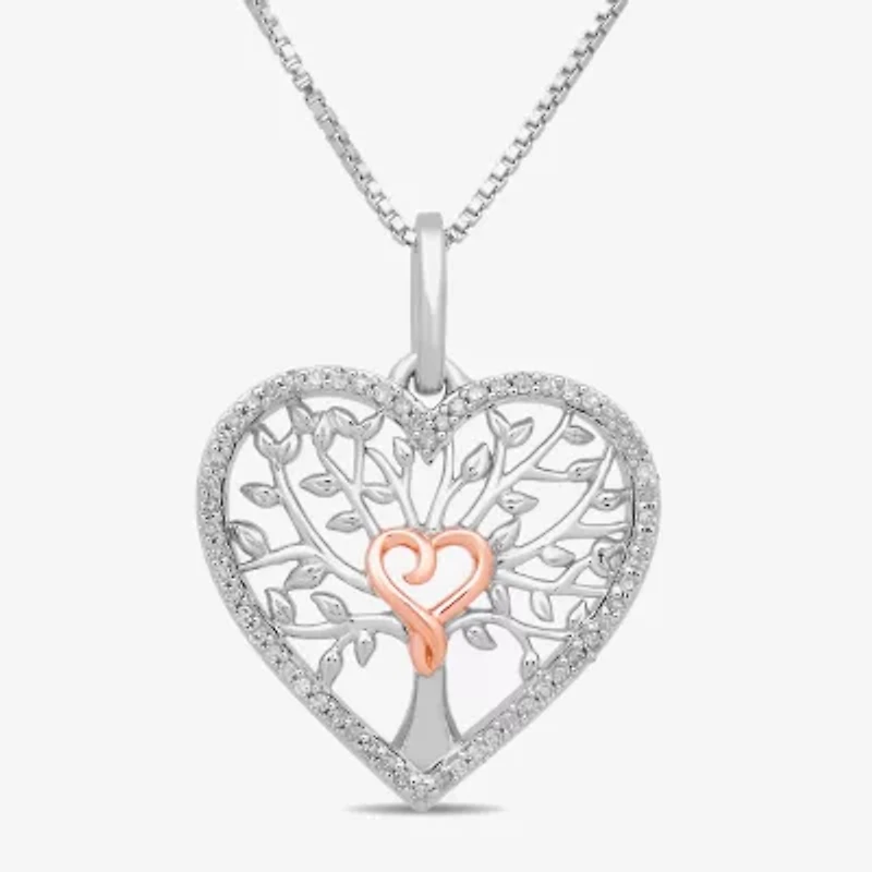 Hallmark Diamonds Tree Of Life Womens 1/10 CT. T.W. Natural White Diamond 14K Two Tone Gold Over Silver Sterling Silver Heart 18 Inch Pendant Necklace