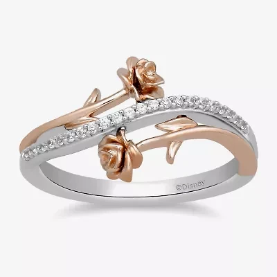 Enchanted Disney Fine Jewelry Womens 1/10 CT. T.W. Natural White Diamond 14K Rose Gold Over Silver Sterling Silver Flower Beauty and the Beast Belle Princess Bypass Cocktail Ring