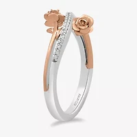 Enchanted Disney Fine Jewelry Womens 1/10 CT. T.W. Natural White Diamond 14K Rose Gold Over Silver Sterling Silver Flower Beauty and the Beast Belle Princess Bypass  Cocktail Ring