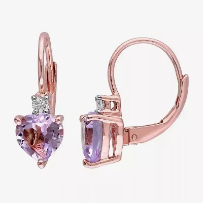Womens Genuine Purple Amethyst 18K Rose Gold Over Silver Heart Drop Earrings