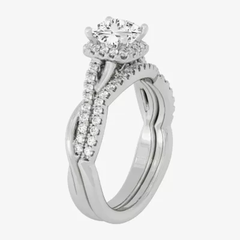 Signature By Modern Bride (H-I / Si1-Si2) Womens 1 1/ CT. T.W. Lab Grown White Diamond 10K Gold Side Stone Halo Bridal Set