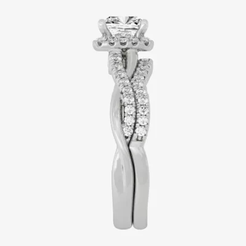Signature By Modern Bride (H-I / Si1-Si2) Womens 1 1/ CT. T.W. Lab Grown White Diamond 10K Gold Side Stone Halo Bridal Set