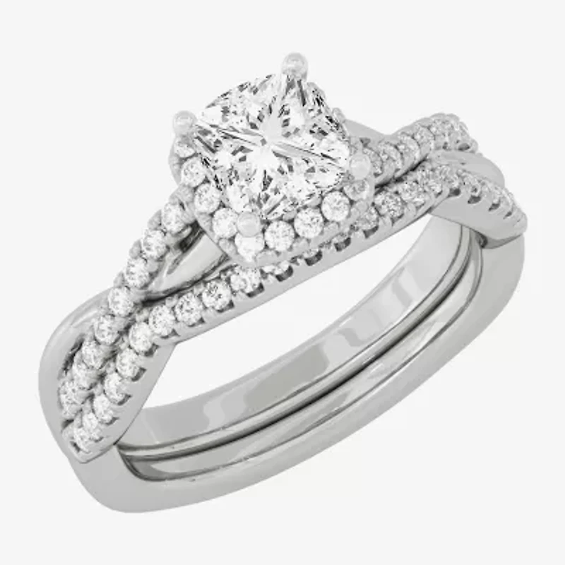 Signature By Modern Bride (H-I / Si1-Si2) Womens 1 1/ CT. T.W. Lab Grown White Diamond 10K Gold Side Stone Halo Bridal Set