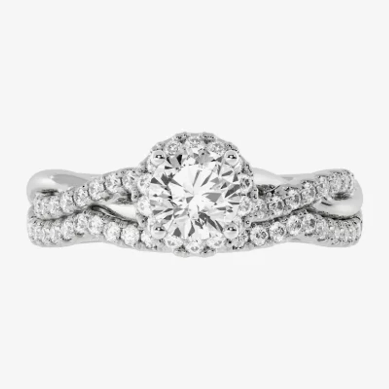 Signature By Modern Bride (H-I / Si1-Si2) Womens 1 1/5 CT. T.W. Lab Grown White Diamond 10K Gold Round Side Stone Halo Bridal Set