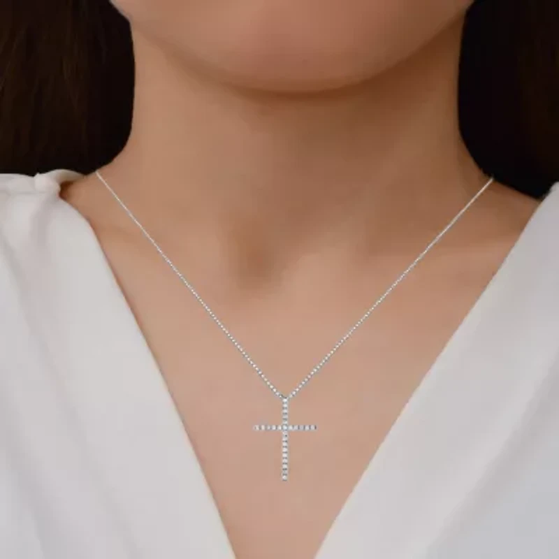 Womens 1/4 CT. T.W. Lab Grown White Diamond Sterling Silver Cross 18 Inch Pendant Necklace