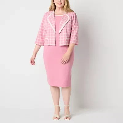 Maya Brooke Womens Pearl Trim Plaid Jacket Dress Plus