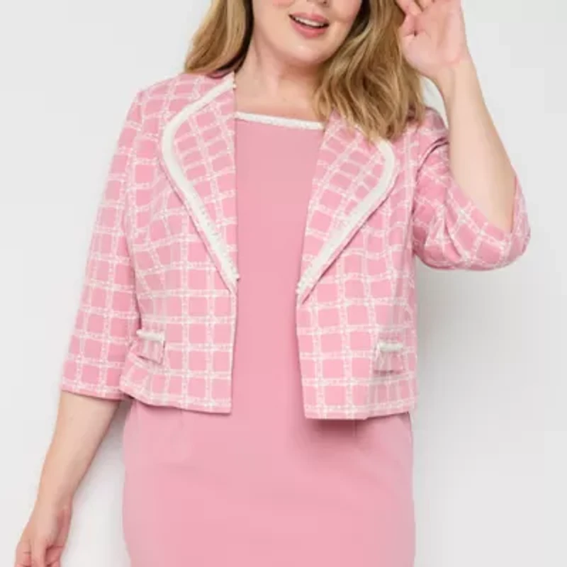 Maya Brooke Womens Pearl Trim Plaid Jacket Dress Plus