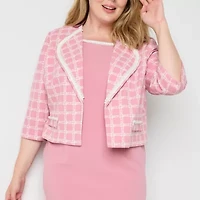 Maya Brooke Womens Pearl Trim Plaid Jacket Dress Plus