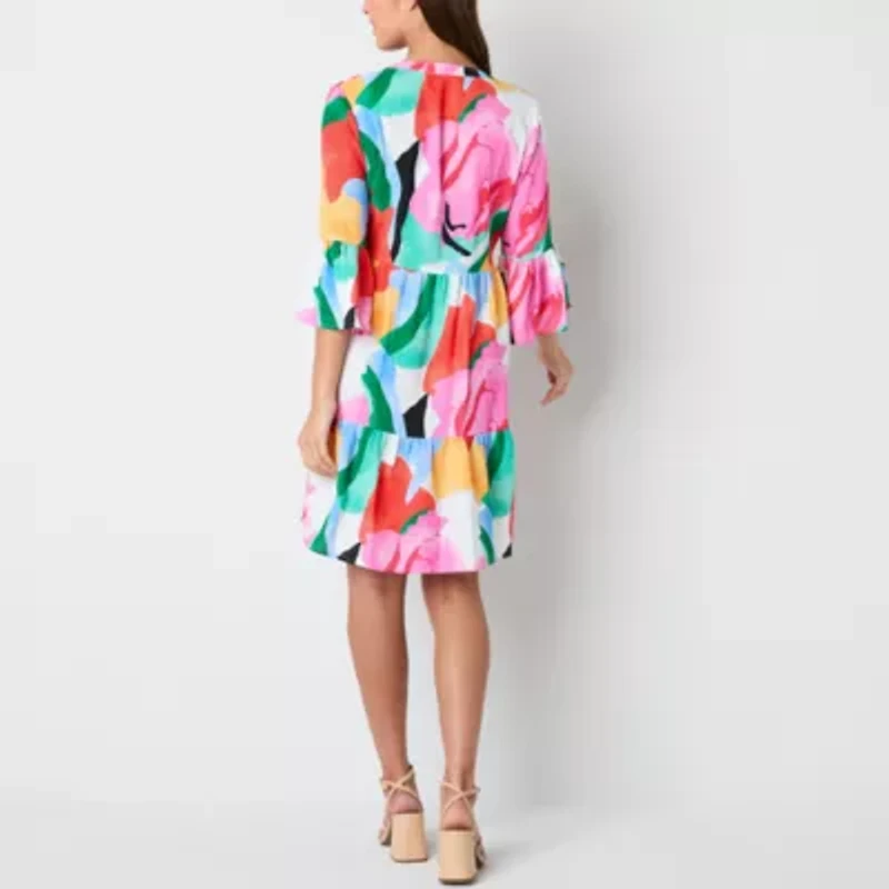 Be by CHETTA B Womens 3/4 Sleeve Abstract Babydoll Dress Petite