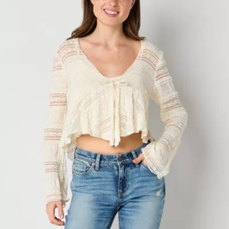 Arizona Womens V Neck Long Sleeve Juniors Crop Top