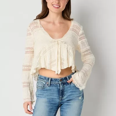 Arizona Womens V Neck Long Sleeve Juniors Crop Top