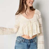 Arizona Womens V Neck Long Sleeve Juniors Crop Top