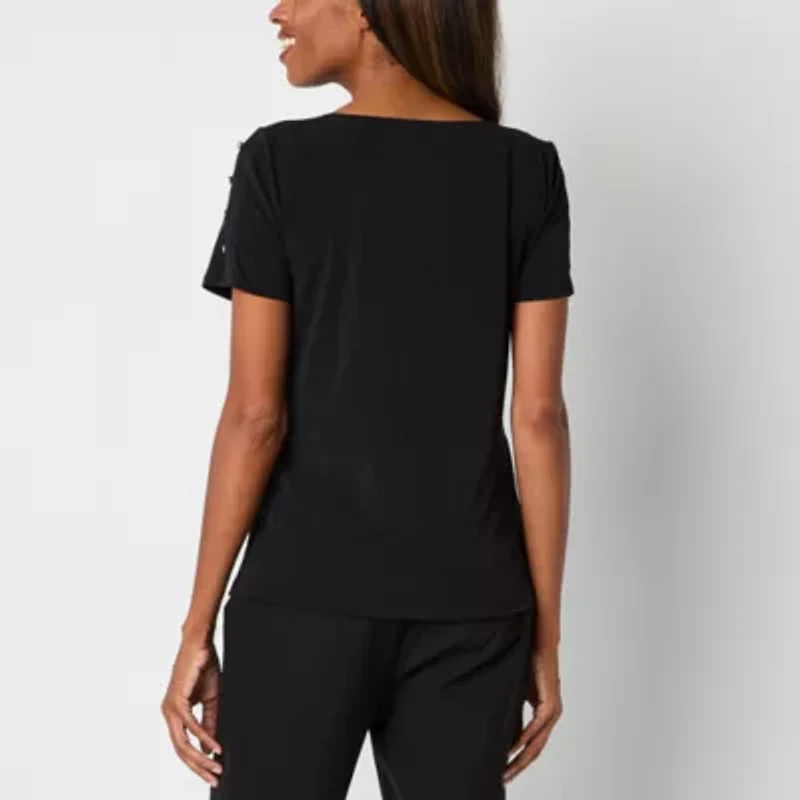 Liz Claiborne Womens Round Neck Short Sleeve Blouse