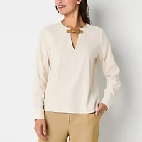 Worthington Womens Round Neck Long Sleeve Blouse