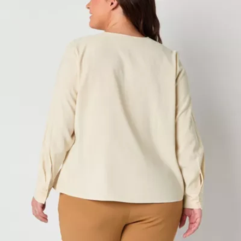 Worthington Womens Round Neck Long Sleeve Plus Blouse