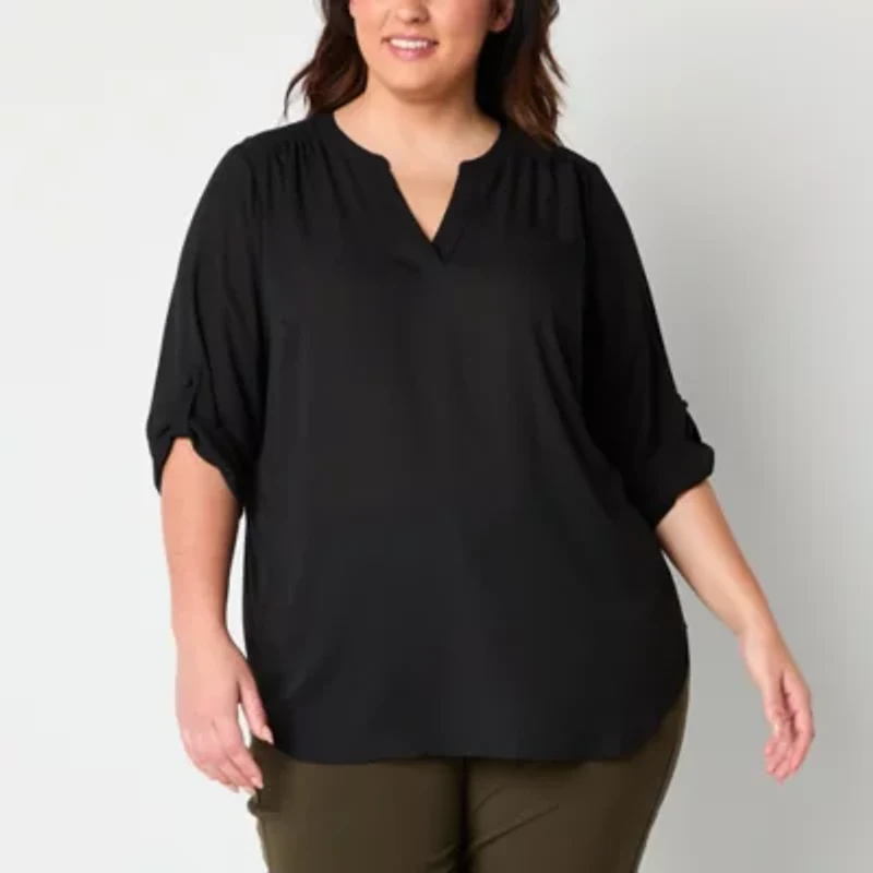 Worthington Womens Split Crew Neck 3/4 Sleeve Blouse