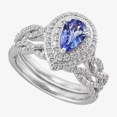 Limited Quantities! Womens Genuine Blue Tanzanite 14K White Gold Pear Side Stone Halo Bridal Set