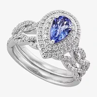 Limited Quantities! Womens Genuine Blue Tanzanite 14K White Gold Pear Side Stone Halo Bridal Set