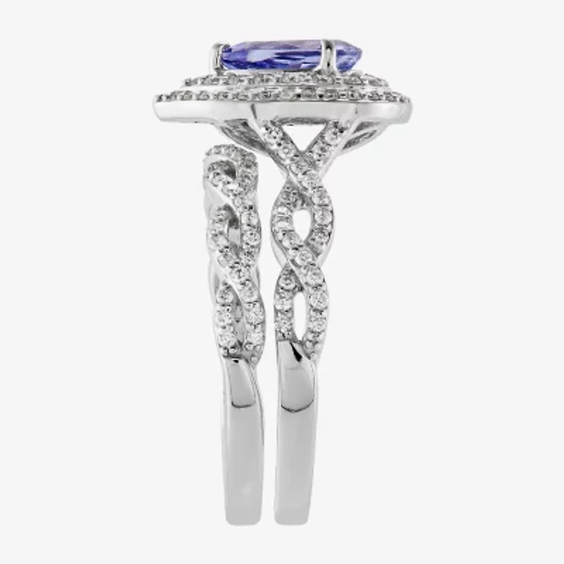 Limited Quantities! Womens Genuine Blue Tanzanite 14K White Gold Pear Side Stone Halo Bridal Set