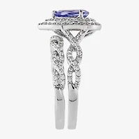 Limited Quantities! Womens Genuine Blue Tanzanite 14K White Gold Pear Side Stone Halo Bridal Set