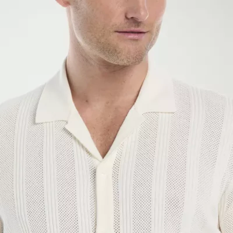 Cubavera Mesh Stripe Coatfront Sweater Mens Short Sleeve Button Cardigan