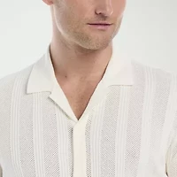 Cubavera Mesh Stripe Coatfront Sweater Mens Short Sleeve Button Cardigan