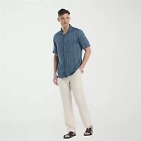 Cubavera Twill Geometric Print Mens Short Sleeve Regular Fit Button-Down Shirt