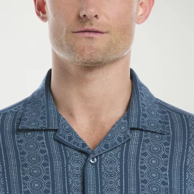 Cubavera Twill Geometric Print Mens Short Sleeve Regular Fit Button-Down Shirt