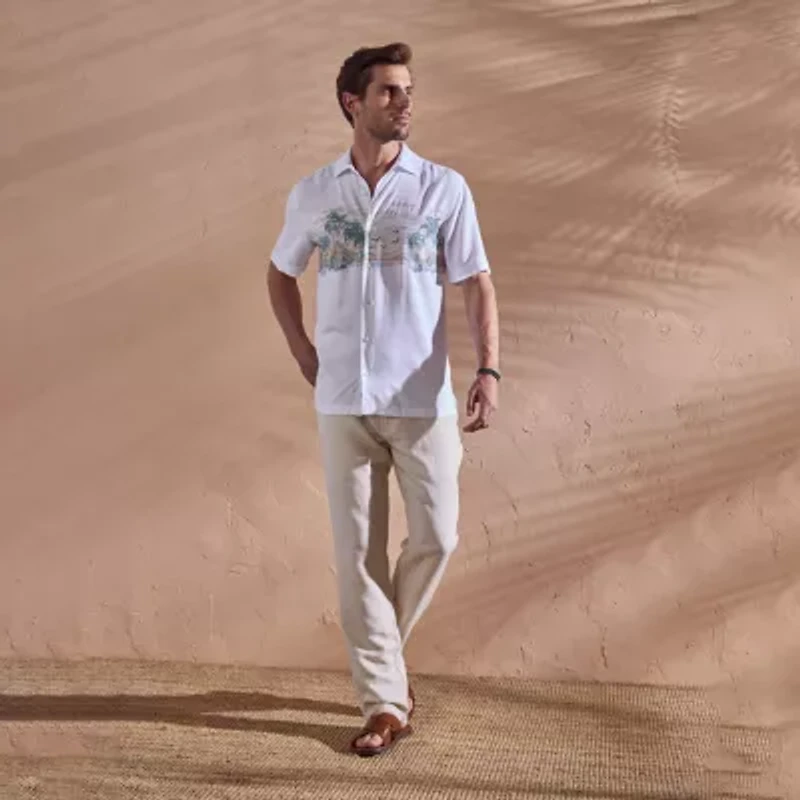 Cubavera Across The Chest Scenic Print Mens Short Sleeve Regular Fit Button-Down Shirt