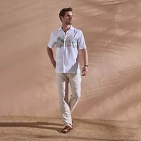 Cubavera Across The Chest Scenic Print Mens Short Sleeve Regular Fit Button-Down Shirt