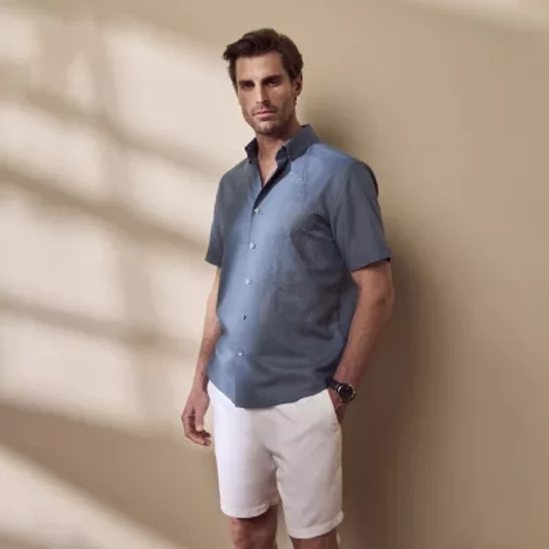 Cubavera Asymmertical Emboridered Mens Short Sleeve Regular Fit Button-Down Shirt