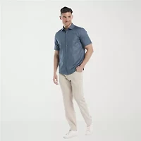 Cubavera Asymmertical Emboridered Mens Short Sleeve Regular Fit Button-Down Shirt