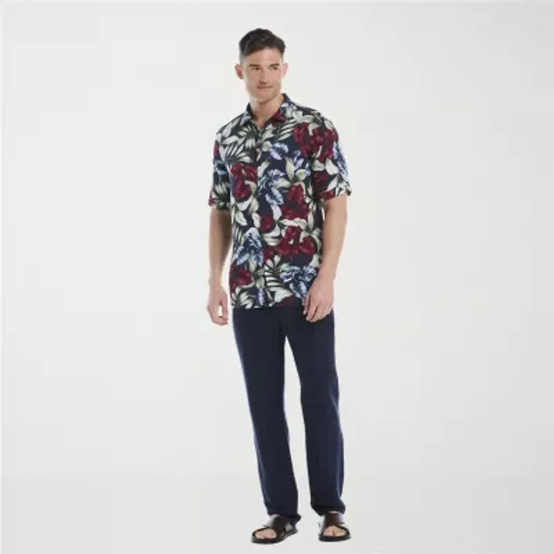 Cubavera Textured Floral Print Mens Short Sleeve Regular Fit Button-Down Shirt