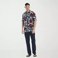 Cubavera Textured Floral Print Mens Short Sleeve Regular Fit Button-Down Shirt