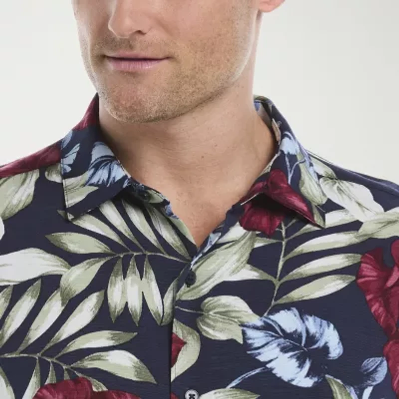 Cubavera Textured Floral Print Mens Short Sleeve Regular Fit Button-Down Shirt