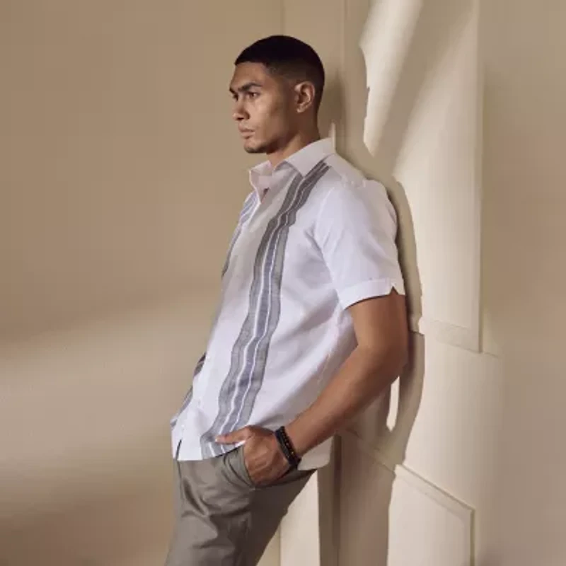 Cubavera Yarndye Linen Blend Panel Mens Short Sleeve Regular Fit Button-Down Shirt