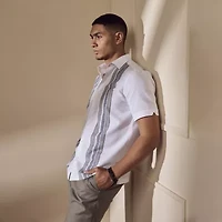 Cubavera Yarndye Linen Blend Panel Mens Short Sleeve Regular Fit Button-Down Shirt