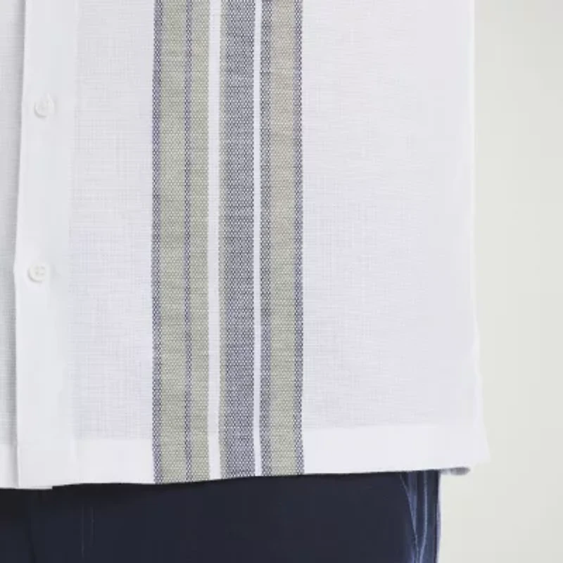 Cubavera Yarndye Linen Blend Panel Mens Short Sleeve Regular Fit Button-Down Shirt